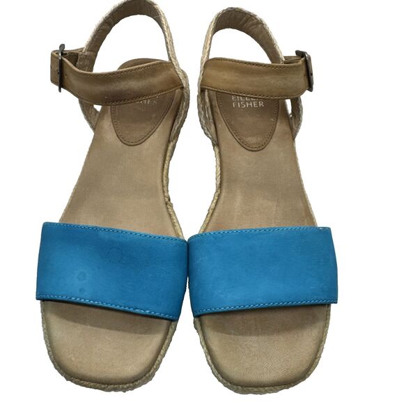 Eileen Fisher Blue & Tan Espadrille Platform Wedge Sandals Shoes Womens 7 - Picture 2 of 10